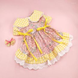 Dog Apparel Pet Clothes Yellow Plaid Lapel Dress For Dogs Clothing Cat Small Flower Print Cute Thin Summer Girl Products 2024