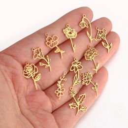 Charms 5Pcs/Lot Stainless Steel Birth Month Flower 12 Birthday Floral Pendants Diy Gifts Necklace Bracelet Jewellery Making