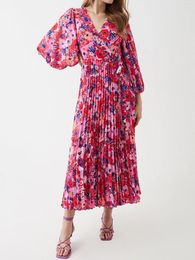 Casual Dresses Fashion Womens Floral Print Dress Long Lantern Sleeve Wrap V Neck Pleated Midi A-Line Chiffon S M L