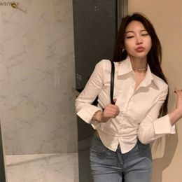 Women's Blouses Shirts Womens Folding Slim Fit Cutting Top Daily Design White Pure Korean Fashion Leisure Office Womens Full Matching Flexible SpringL240328