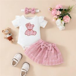 Clothing Sets Summer Infant Baby Girls Skirt Outfits Bear Embroidery Short Sleeve Romper With Bow Mini And Heaband 3 Pcs Set