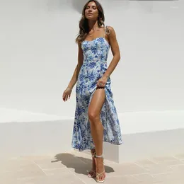 Casual Dresses Ardm Elegant Floral Print Split Beach Summer A-Line Strap For Women 2024 Sexy Backless Holiday Boho Midi Dress Vestidos