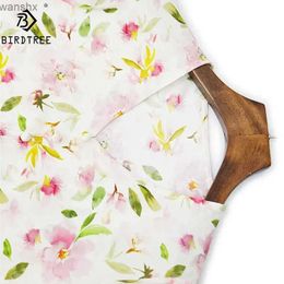 Women's Blouses Shirts BirdTree V-neck floral print womens true natural silk shirt elegant retro office womens shirt new T41618QM for spring 2024L240328