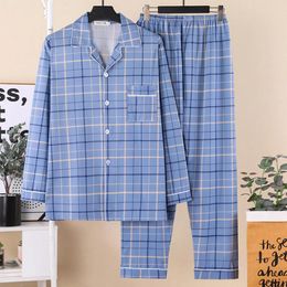 Men's Sleepwear Mens Plaid Pajamas Set Pure Cotton Long-Sleeved Home Wear Long Sleeved Shirt Plus Size Autumn Winter Loungewear