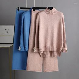 Women's Sleepwear Thick Women Pieces 2 Knitted Autumn Loungewear Turtleneck Outerwear Pants Straight Suits Jogging Loose Sweater Half Suit