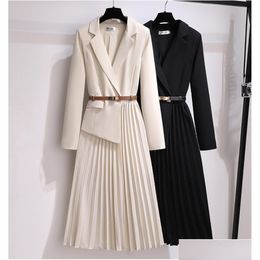 Basic Casual Dresses Vintage Pleated Belt Patchwork One Piece Blazer Dress Women Elegant Office Ladies Long Sleeve Notched Female Autu Otnrx