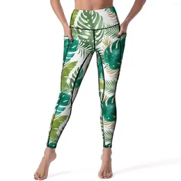 Women's Leggings Variety Metallic Colours Yoga Pants Pockets Green Palm Leaf Sexy Push Up Casual Sports Tights Quick-Dry