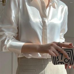 Women's Blouses White Imitation Satin Shirts For Women Korean Elegant Turndown Collar Silk Office Lady Blouse Solid Buttons Up Shirt Spring