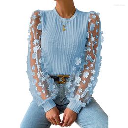 Women's Blouses Spring Autumn Fashion Simple Solid Round Neck Printed Lace Patchwork Lantern Sleeve Casual Slim Female Shirts