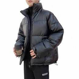 winter Thicken Warm Windproof Faux Leather Mens Black Parkas Harajuku Fi Oversized Cott Padded Jackets Puffer Outerwear D0kv#