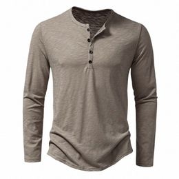 men's Cott Butt Henley Neck T Shirt Lg Sleeve Casual Butt Solid Color Fi Breathable T-Shirts Male Daily Top Tees 74AR#