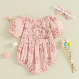 Clothing Sets Born Baby Girl Summer Clothes Puff Short Sleeve Ruched Smocked Bubble Romper Bodysuit With Headband