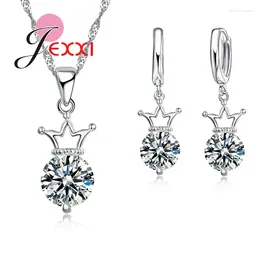 Necklace Earrings Set Top Grade Crown 925 Sterling Silver Bridal Wedding Jewelry Women Engagement Necklaces Crystal