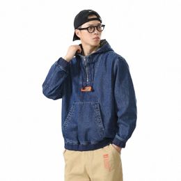 men's Hooded Denim Jacket Sports Casual Loose Hoodies Half zipper with Hood Sweatshirt Denim Coat Male O4qN#
