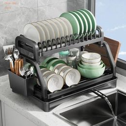 Kitchen Storage Dish Drying Rack 2 Tiers Utensils Countertop Bowls Knife Fork Pot Lid Holder Box