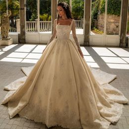 Великолепное бальное платье с квадратным воротником и кружевом из бисера, свадебное платье с длинными рукавами и жемчугом из бисера, вышивка и аппликации, свадебные платья принцессы со шлейфом часовни