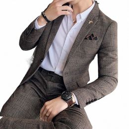 luxury Men Slim Fit Cheque Suit Men Busin Office Formal Suits 2 Pcs Set Blazers Pant Casual Wedding Social Tuxedo Dr Homme B0lb#