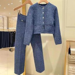 Women's Knits Blue Women Knit Suit Round Neck Single Breasted Long Sleeve Sweater Coat Or Straight Pants Ladies Set