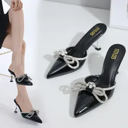 Slippers Shoes For Women Pointed Toe Crystal Bow High Heels Sexy Stilettos Fashionable Outer Women's Modern