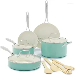 Cookware Sets Healthy Cooking Non-Stick Ceramic Dishwasher And Oven Safe 12-Piece Pots Pans Set Turquoise