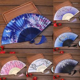 Decorative Figurines Chinese Japanese Silk Folding Fan Wooden Shank Classical Dance High Quality Tassel Elegent Female Home Decor Art Craft