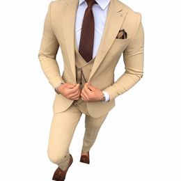 luxury Khaki Suits for Men Blazer Regular Outfits Peaked Lapel Single Breasted Formal 3 Piece Jacket Pants Vest Wedding Groom V2wg#
