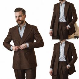Classic Brown Men Smoking Peaked Lapela Double Breasted Fi Custom Made Suits 2 Pieces Set Party Prom Jaqueta Formal t8oO #