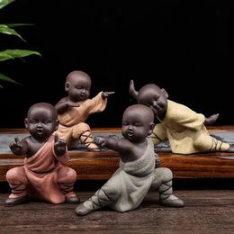 1pc Kung Fu Monk Decor Purple Sands Statue Temple Style Figurines Ornament Tea Pet Arrangement For Home Decorations Miniatures 240325