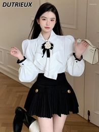 Work Dresses Lolita Ruffled Sweet Flowers Design White Shirt Top Female Girl Gentle Long Sleeve Blouse High Waist Pleated Short Skirt Set