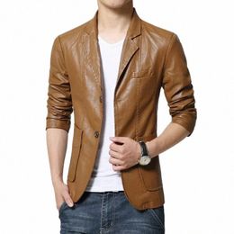 2023 Fi New Men's Casual Boutique Suit Leather Jacket / Male Solid Colour Busin Collar PU Blazers Lg Sleeve Dr Coat 84Zy#