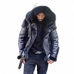 men's Faux Leather plus Veet Thick Fur Integrated Short Zipper Coat Hooded Men's Coat u6v0#
