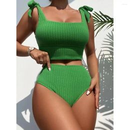 Women's Swimwear Cikini-Textured Tankini Set For Women Tie Shoulder Top High Waisted Bottom 2 Piece Bathing Suit Summer Beach