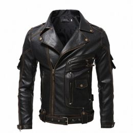 vintage Motorcycle Multi-zip Jacket With Lapel Pu Leather Multi-pocket Leather Jacket m207#