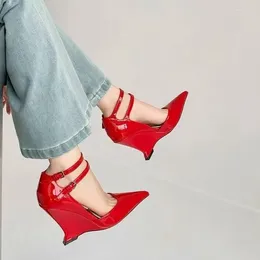 Dress Shoes Small Red High Heels For Women's 2024 Sexy Pointed Shallow Mouth Flat Button Wedge Mary Jane Single