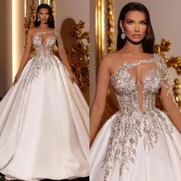 2024 African Nigeria Wedding Dresses Bridal Gowns One Shoulder Wedding Gowns Illusion Rhinestones Crystals Beaded Satin Bridal Dress for Black Women Girls NW150