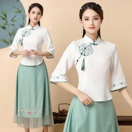 Ethnic Clothing 2 Pc Set Traditional Chinese For Women Cheongsam Tops Improved Retro Elegant Tang Suit Zen Hanfu Shirt Skirt