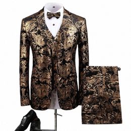 2024 Fi New Men Casual Boutique Brzed Slim Fit Suit 3 Pcs Blazers Jacket Pants Vest Set Male Busin Groom Coat Trousers l6DS#