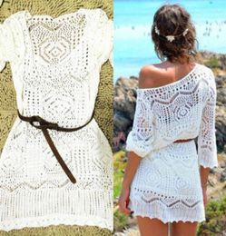 Women White Summer Sexy Lace Hollow Knit Bikini Cover up Crochet Swimwear Beachwear Long Tops Bathing Suit No Belt Small Size5308181