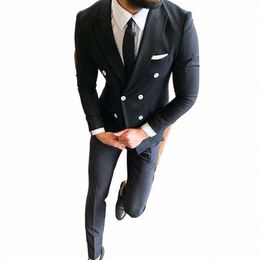 black Double Breasted Wedding Suits For Men Slim Fit Groom Tuxedo Dinner Party 2 Piece Male Fi Jacket with Pants a3wc#