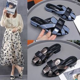 Slippers 2024 Women's Round Toe Low Thick Heel Hollow Bow Tie Wrapped Half For Outer Wear Shoes