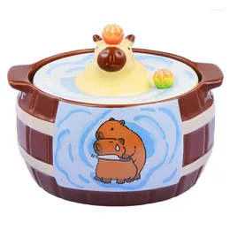 Bowls Large Capacity Cereal Microwave Oatmeal Bowl Ramen Cartoon Capybara Ceramic Noodles Soup Cups With Lids