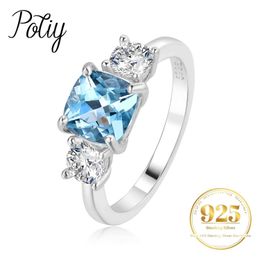 Band Rings Potiy Authentic Natural Plaza Sky Blue Topaz 925 Sterling Silver Card Ring Womens Fashion Jewellery Exquisite Jewellery J240326