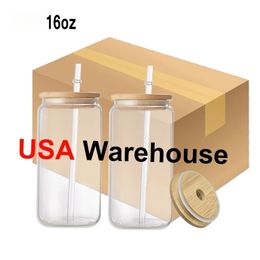 US CA STOCK 16oz Sublimation Glass Tumblers With Straw And Bamboo Lid Can Shaped Clear Frosted Beer Mugs Iced Coffee Soda Cups 0327