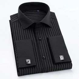 Quality Men French Cufflinks Shirt Hidden Button Mens Shirt Long Sleeve Casual Slim Fit Cuff Dress Shirts Cufflinks Included240325