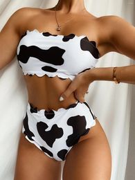 Women's Swimwear Sexy Cow Print Bikini Set Women Bandeau Ruffles Push Up Two Piece Swimsuit Brazilian Beach Bathing Suit High Waist 2024