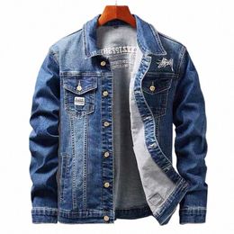 new 2021 Men Embroidery Denim Jackets Casual Solid Color Lapel Single Breasted Jeans Jacket Men Slim Fit Cott Outwear Jackets T2YC#