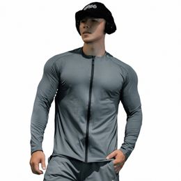 mens Lg Sleeved T-Shirt Cardigan Zipper High Stretch Tight Clothing Gym Sports Fitn Running Training Quick Dry Bottom Shirt J1Og#