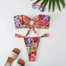 Women's Swimwear Flower Print 2 Piece Swimsuit For Women 2024 Low Waist Thong Bikini Strapless Backless Summer Beach Vacation Bathing Suit