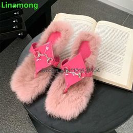 Sandals Womens fur flip flat bottom with slider 2023 new metal buckle design fashionable elegant sexy solid womens shoesL2403