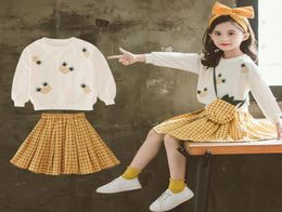 Autumn Kids Girls Clothes Set Pineapple Pattern Sweater Plaid Ball Gown Dress 2pcs Long Sleeve Clothing Sets6777817